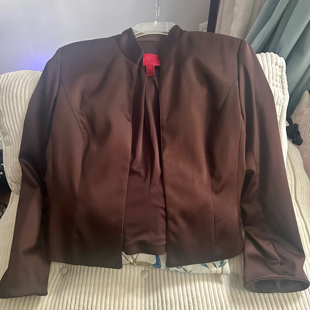 JS Collections Elegant Wine Satin Jacket fully lined, minimalistic style.